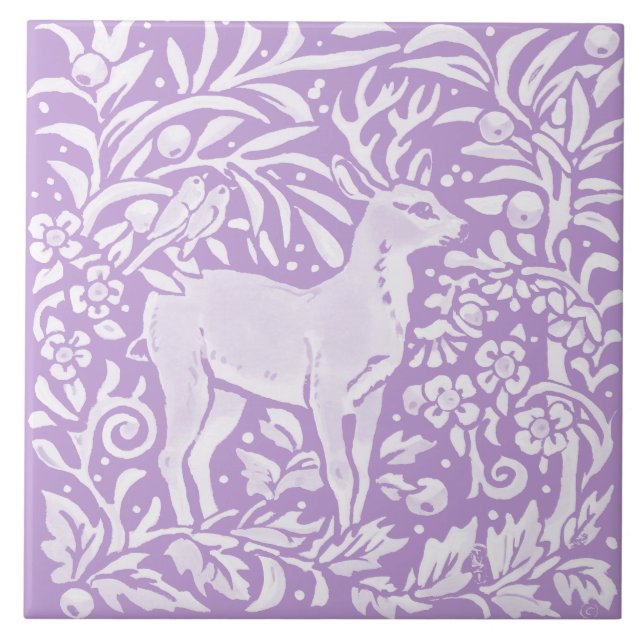 Light Purple Deer Buck Bird Floral Woodland Nature Ceramic Tile (Front)