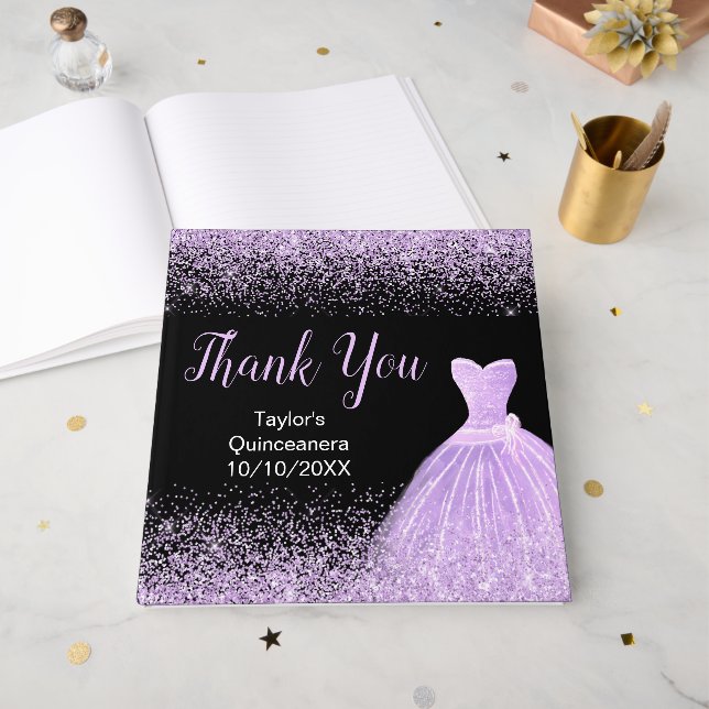Light Purple Dress Faux Glitter Quinceanera Guest Book (Front Open)