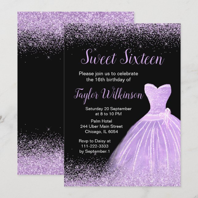 Light Purple Dress Faux Glitter Sweet 16 Birthday Invitation (Front/Back)