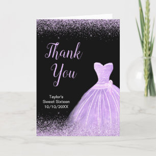 Light Purple Dress Faux Glitter Sweet 16 Birthday Thank You Card