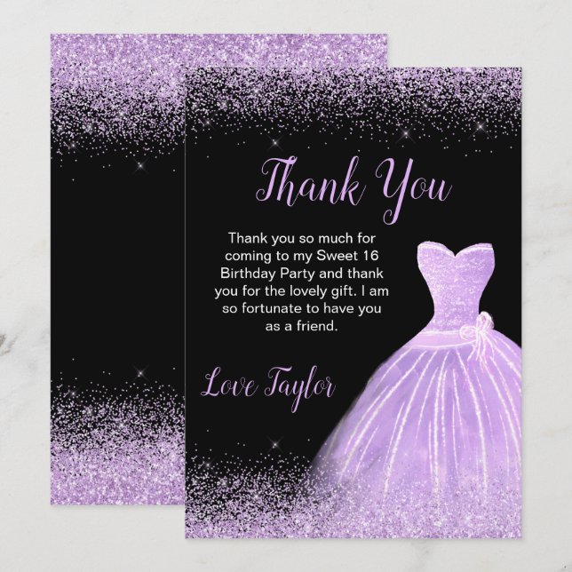 Light Purple Dress Faux Glitter Sweet 16 Birthday Thank You Card (Front/Back)