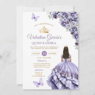 Light Purple Dress Quinceañera 15 Anos Floral Gold Invitation