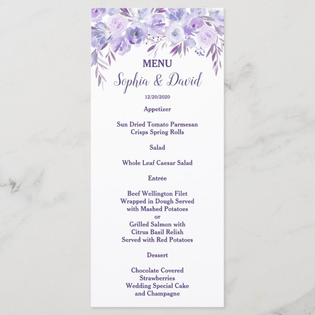 Light Purple Dusty Blue Floral Wedding Menu (Front)