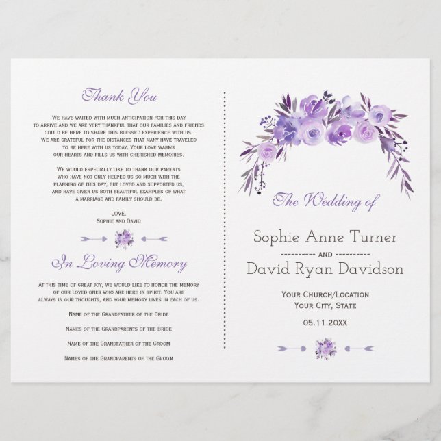 Light Purple Dusty Blue Floral Wedding Program Flyer (Front)