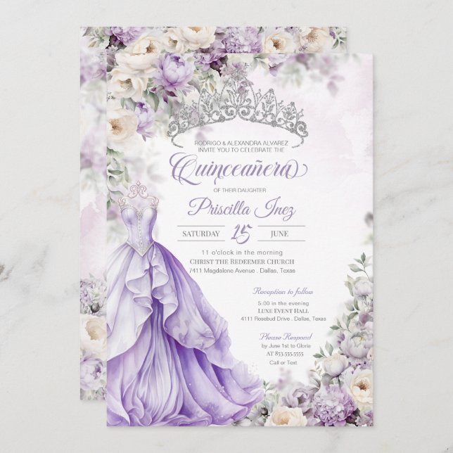 Light Purple Elegant Gown Princess Quinceanera Invitation (Front/Back)