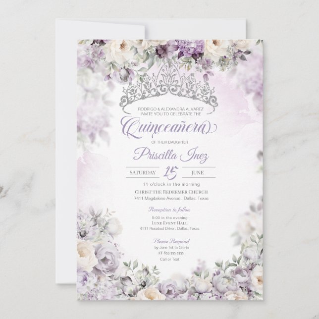 Light Purple Elegant Watercolor Floral Quinceañera Invitation (Front)