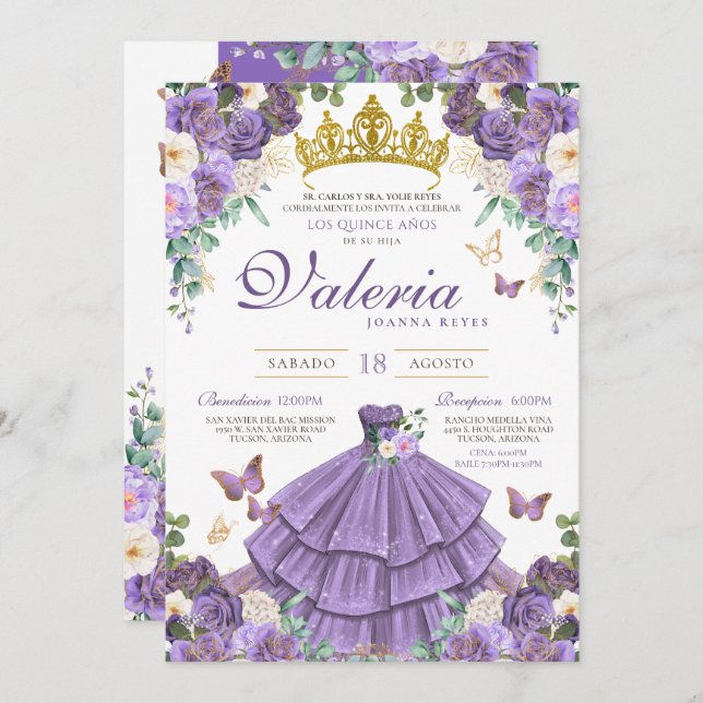 Light Purple Floral Butterfly Princess Quinceanera Invitation (Front/Back)