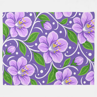 Light Purple Floral Pattern with Green Leaves Fleece Blanket