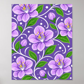 Light Purple Floral Pattern with Green Leaves Poster