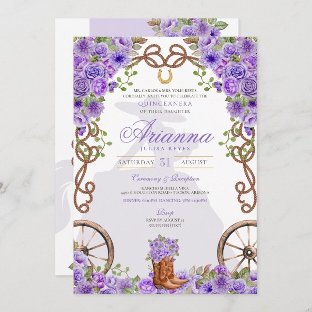 Light Purple Floral Western Charra Quinceañera Invitation (Front/Back)