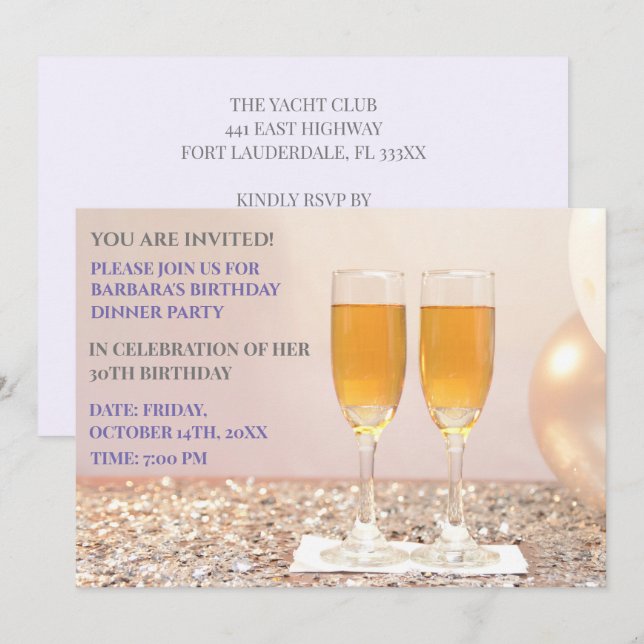 Light purple gold 30th birthday champagne  invitation (Front/Back)