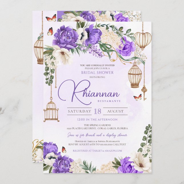 Light Purple Gold Floral Elegant Bridal Shower Invitation (Front/Back)