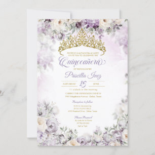 Light Purple & Gold Watercolor Floral Quinceañera Invitation