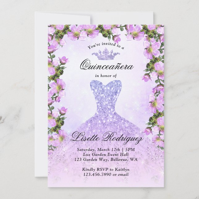 Light Purple Gown Floral Quinceanera Invitation (Front)