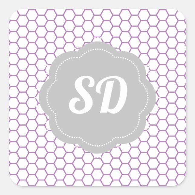 Light Purple Honeycomb Custom Monogram Square Sticker (Front)
