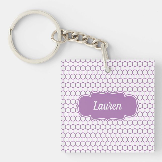 Light Purple Honeycomb Custom Name Key Ring (Front)