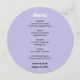 Light Purple Modern Wedding Round Menu