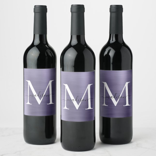 Light Purple Monogram Girly Script Metallic Steel Wine Label (Bottles)