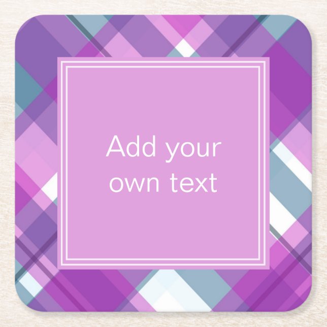 Light Purple Plaid Custom Text Square Paper Coaster (Front)