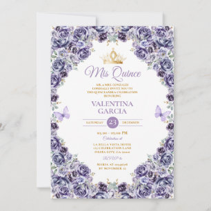 Light Purple Quinceañera 15 Anos Floral Gold Crown Invitation