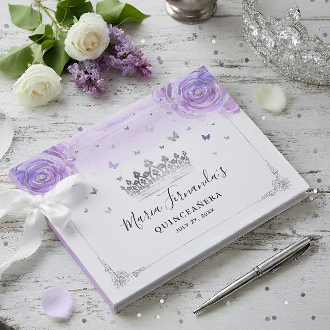 Light Purple Rose and Elegant Silver Crown Guest Book (Create a keepsake with an elegant light purple and silver guest book for your fairy tale event!)