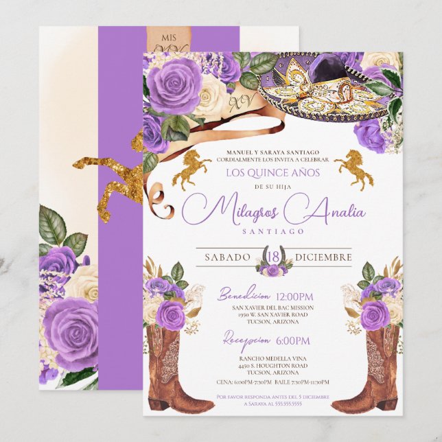Light Purple Rose Fancy Western Charro Quinceanera Invitation (Front/Back)