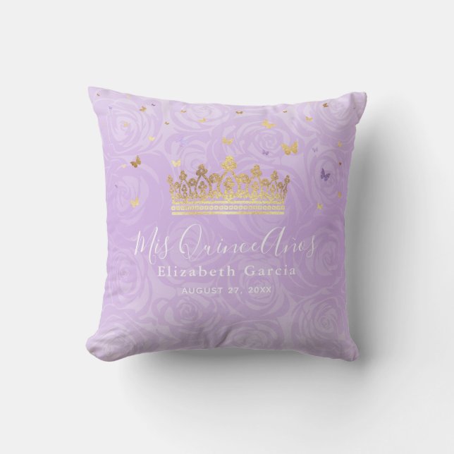 Light Purple Roses Gold Crown Mis Quince Anos Cushion (Front)