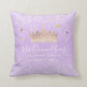 Light Purple Roses Gold Crown Mis Quince Anos Cushion