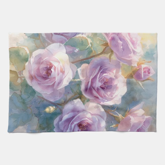 Light Purple Roses Impressionistic Flowers Tea Towel (Horizontal)