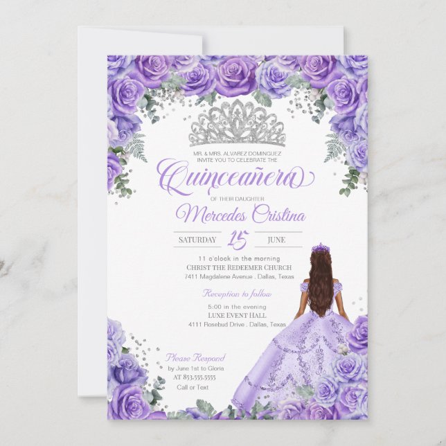Light Purple Roses & Silver Tiara Quinceanera Invitation (Front)
