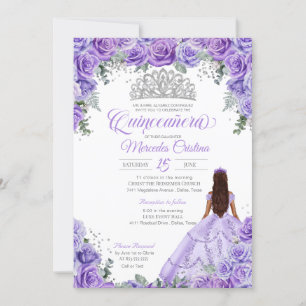 Light Purple Roses & Silver Tiara Quinceanera Invitation