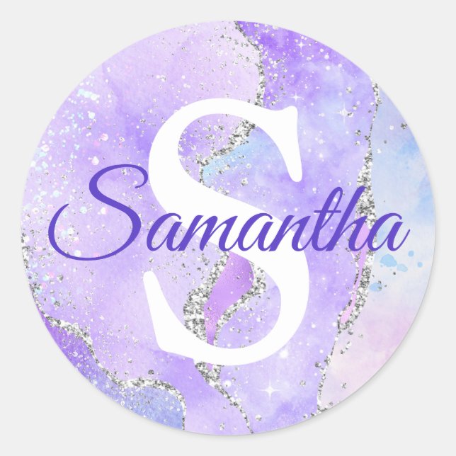 Light Purple & Silver Faux Glitter Agate Classic Round Sticker (Front)