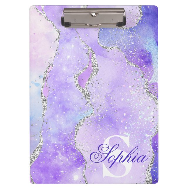 Light Purple & Silver Faux Glitter Agate Monogram Clipboard (Front)