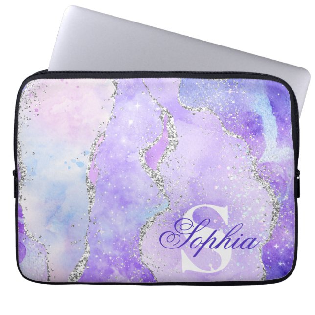 Light Purple & Silver Faux Glitter Agate Monogram Laptop Sleeve (Front)