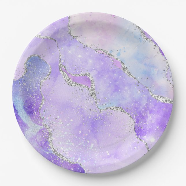 Light Purple & Silver Faux Glitter Pastel Agate Paper Plate (Front)