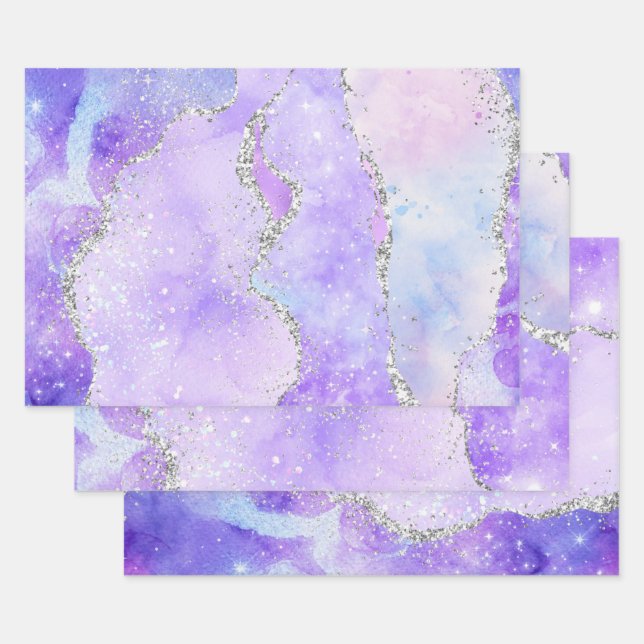 Light Purple & Silver Faux Glitter Pastel Agate Wrapping Paper Sheet (Set)