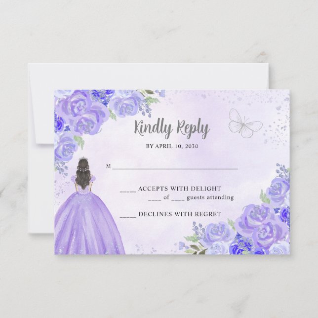 Light Purple Silver Floral Princess Quinceañera RSVP Card (Front)
