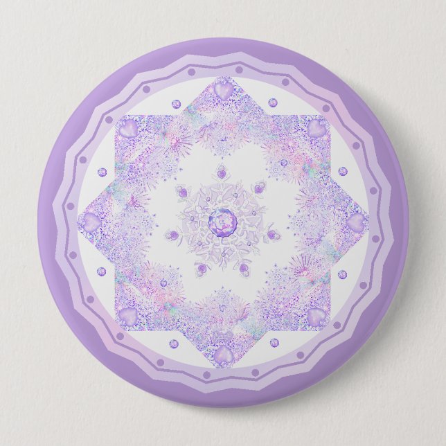light purple snowflake & glittering heart 10 cm round badge (Front)