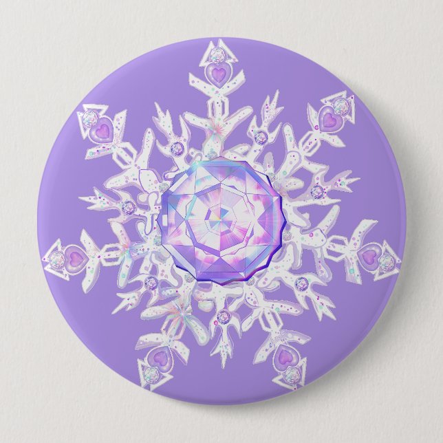 light purple snowflake & glittering heart 10 cm round badge (Front)