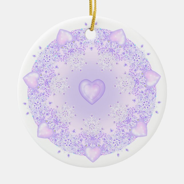 light purple snowflake & glittering heart ceramic ornament (Front)