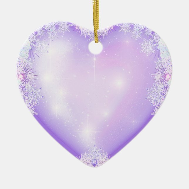 light purple snowflake & glittering heart ceramic ornament (Front)