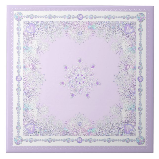 light purple snowflake & glittering heart ceramic tile (Front)
