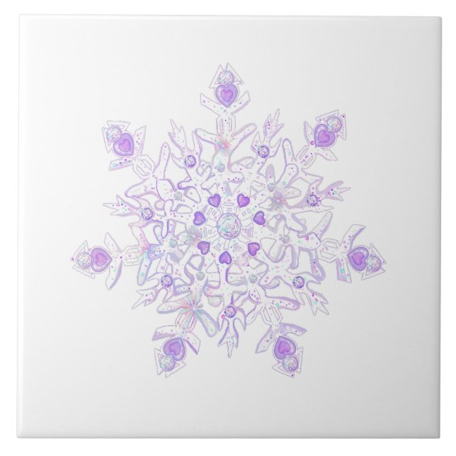 light purple snowflake & glittering heart ceramic tile (Front)
