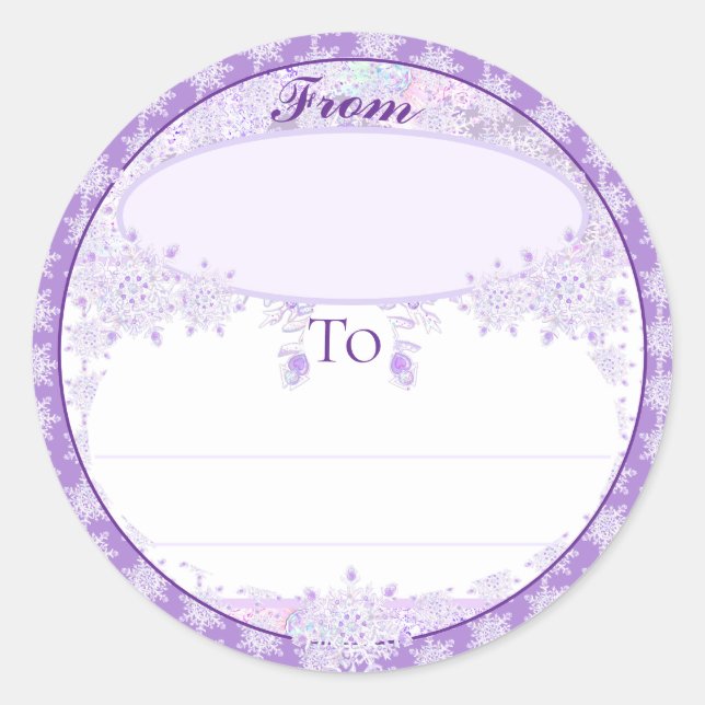 light purple snowflake & glittering heart classic round sticker (Front)