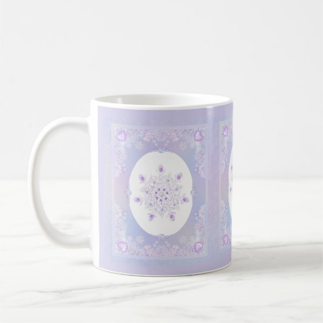 light purple snowflake & glittering heart coffee mug (Left)