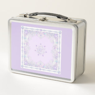 light purple snowflake & glittering heart metal lunch box
