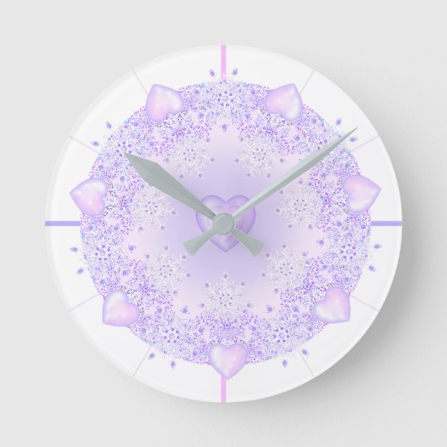 light purple snowflake & glittering heart round clock (Front)