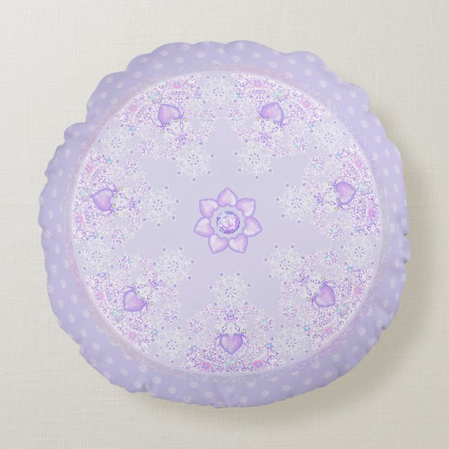 light purple snowflake & glittering heart round cushion (Front)