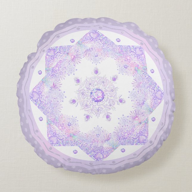 light purple snowflake & glittering heart round cushion (Front)