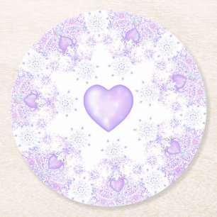 light purple snowflake & glittering heart round paper coaster